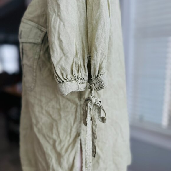 Free People Linen Blend Utility Button Down Blouse with Ties on Puff Sleeve Sz L - Picture 3 of 11